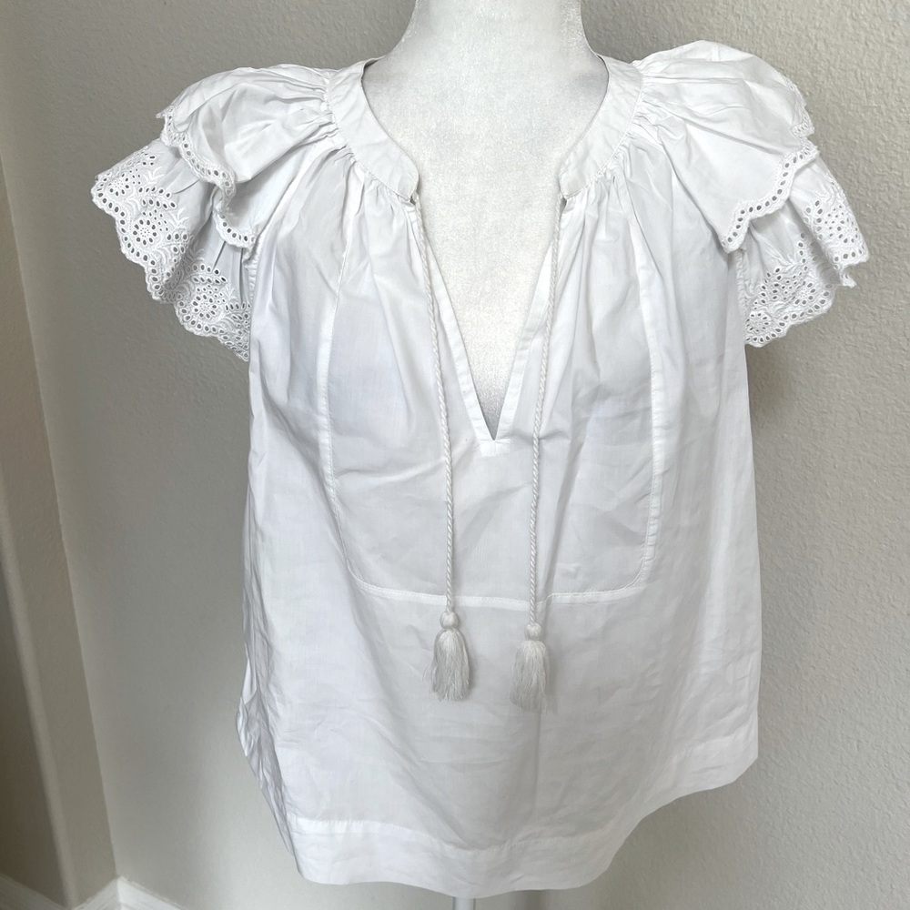 Ulla Johnson women’s 4 white poplin popover cotton eyelet s/s tassel blouse